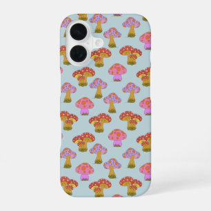 Cute Retro Hippie Mushroom Pattern in Pastel Blue iPhone 16 Case