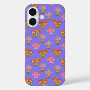 Cute Retro Hippie Mushroom Pattern in Purple  iPhone 16 Case