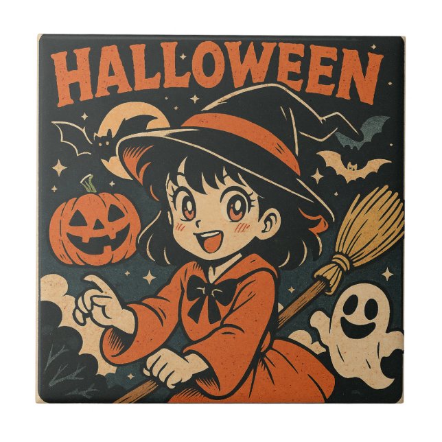 Cute retro Japanese cartoon Halloween Tile (Front)