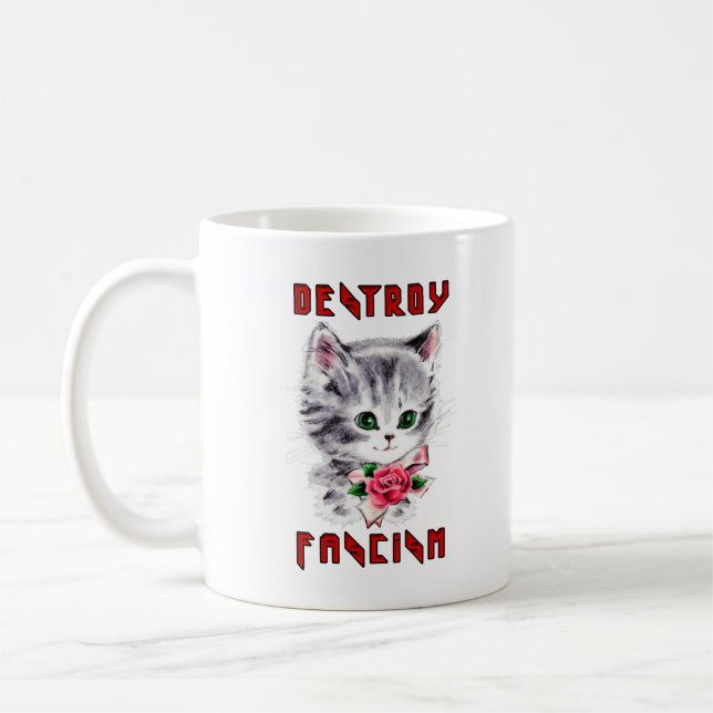 Cute Retro Kitten - Destroy Fascism Coffee Mug (Left)