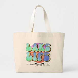 Cute retro lake life word art salty beach large tote bag