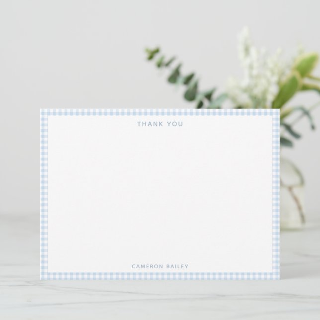 Cute Retro Light Blue Gingham Personalised Thank You Card (Standing Front)