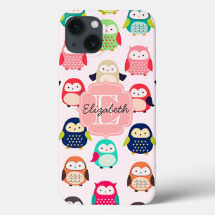 Cute Retro Litte Owls Monogrammed iPhone 13 Case