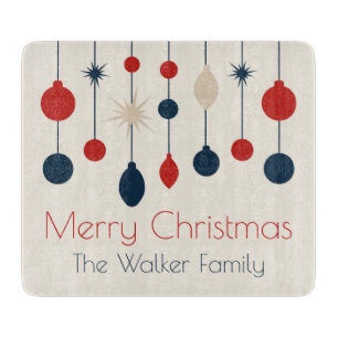 Cute Retro Merry Christmas Red Blue Ornaments Cutting Board