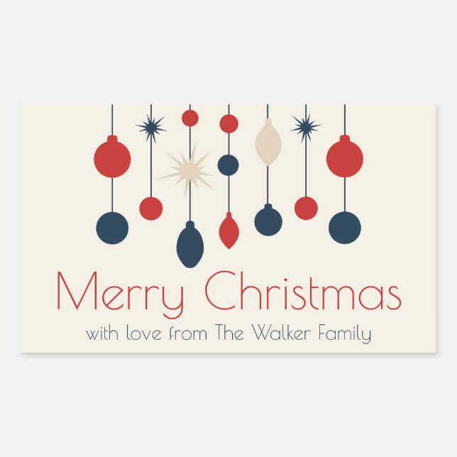 Cute Retro Merry Christmas Red Blue Ornaments Rectangular Sticker (Front)