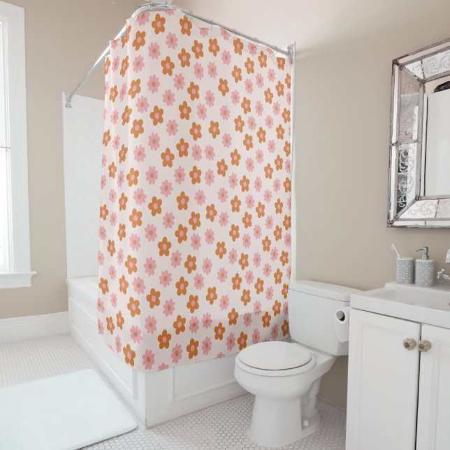 Cute Retro Mod Pop Flowers Pink and Burnt Orange Shower Curtain (In Situ)