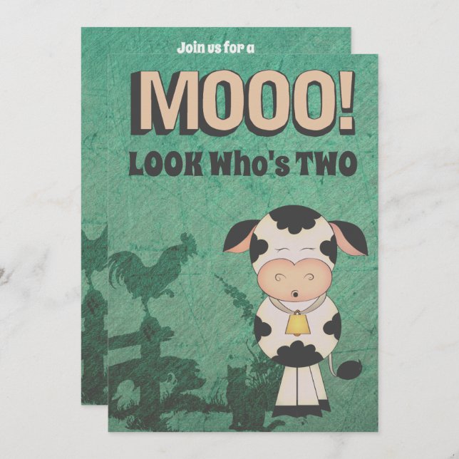 Cute Retro MOOO! LOOK Who's Two Cow Farm Birthday Invitation (Front/Back)