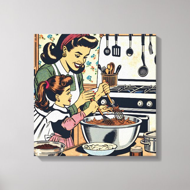 Cute Retro Mum and Daughter Baking Together Canvas Print (Front)