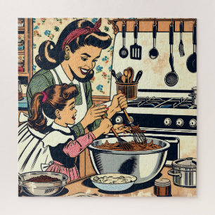 Cute Retro Mum and Daughter Baking Together Jigsaw Puzzle