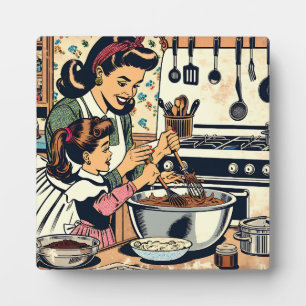 Cute Retro Mum and Daughter Baking Together Plaque