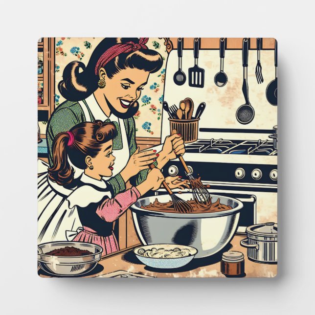 Cute Retro Mum and Daughter Baking Together Plaque (Front)
