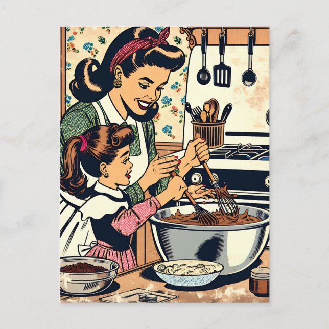 Cute Retro Mum and Daughter Baking Together Postcard (Front)