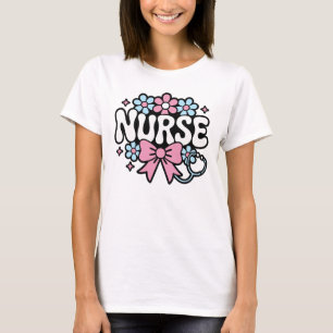 Cute Retro Nurse Design with Flowers and Bow T-Shirt