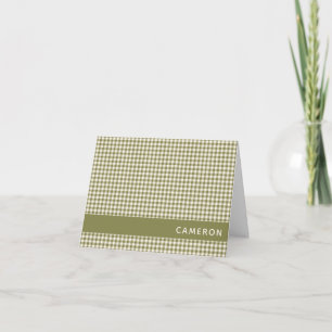 Cute Retro Olive Gingham Plaid Personalised Name Note Card