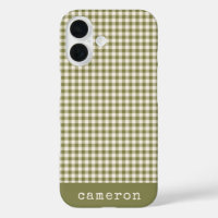 Cute Retro Olive Green Gingham Plaid Personalised