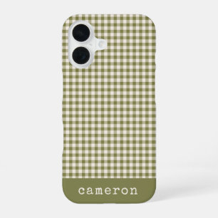 Cute Retro Olive Green Gingham Plaid Personalised iPhone 16 Case