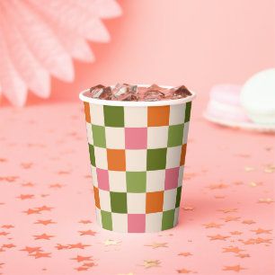 Cute Retro Orange Pink Green Chequerboard Pattern Paper Cups