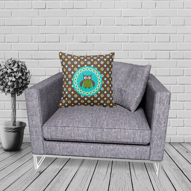 Cute Retro Owl and Flowers Kids Cushion (Creator Uploaded)