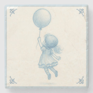 Cute retro pastel blue whimsical girl with balloon stone coaster