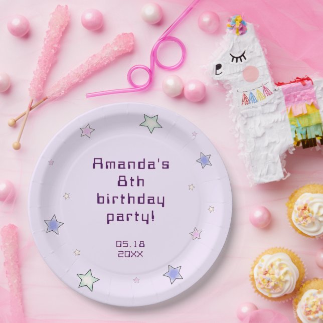 Cute Retro Pastel Stars Light Pink Kids Birthday  Paper Plate (Party)