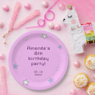 Cute Retro Pastel Stars Pink Kids Birthday  Paper Plate