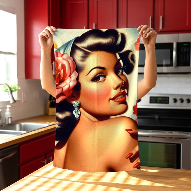 Cute Retro Pin Up and Roses Tea Towel (Creator Uploaded)