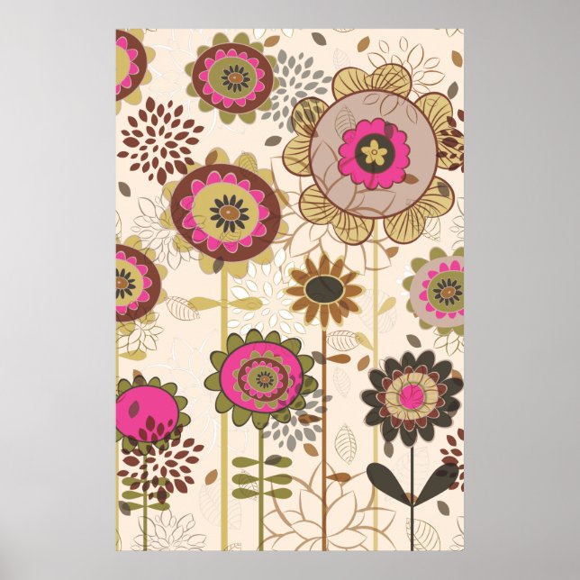 Cute retro pink, brown floral pattern custom poster (Front)