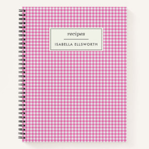 Cute Retro Pink Gingham Plaid Personalised Recipe Notebook