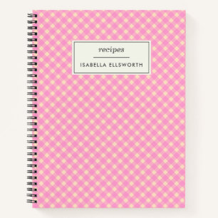 Cute Retro Pink Gingham Plaid Personalised Recipe Notebook