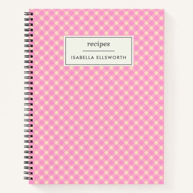 Cute Retro Pink Gingham Plaid Personalised Recipe  Notebook (Front)