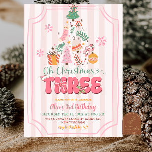 Cute Retro Pink Girl O Christmas Three Birthday Invitation
