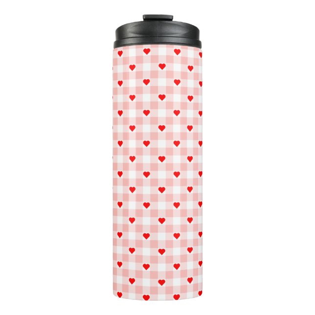 Cute Retro Pink Heart Gingham Plaid pattern Thermal Tumbler (Front)