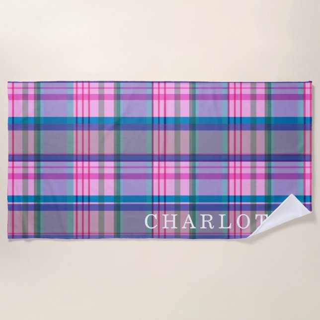Cute Retro Pink Plaid Pattern Personalised Name Beach Towel (Front)