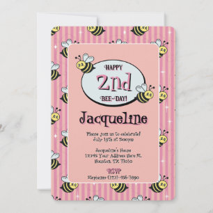 Cute Retro Pink Striped Bumblebee Birthday Invitation