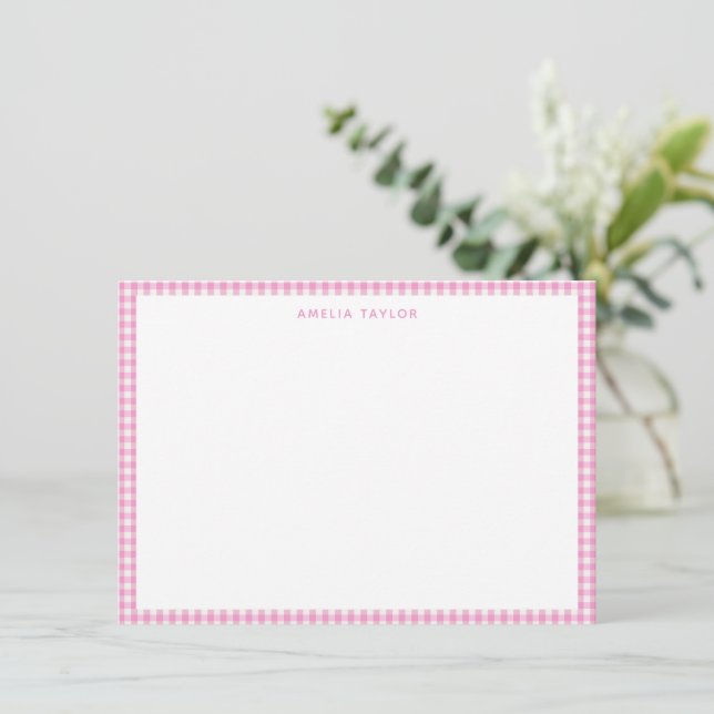 Cute Retro Pink White Gingham Plaid Personalized Card (Standing Front)