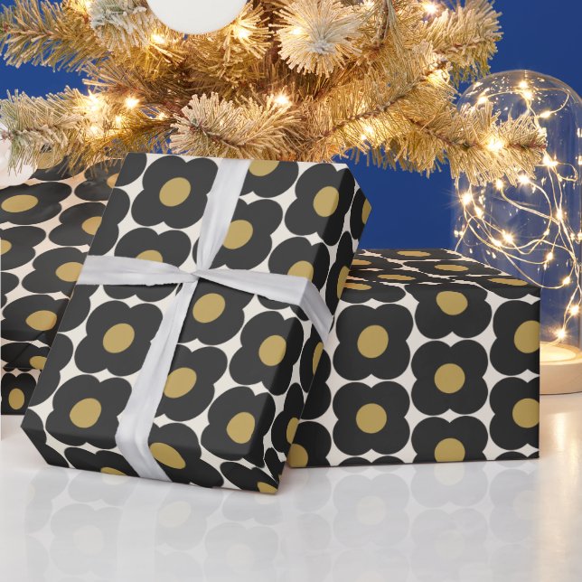 Cute Retro Pop Flower Pattern | Black and Gold Wrapping Paper (Holidays)