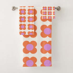 Cute Retro Pop Flower Pattern Pink and Orange Bath Towel Set