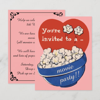 Cute Retro Popcorn and Movie Night Birthday Party Invitation