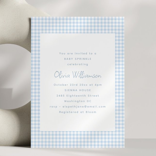 Cute Retro Preppy Light Blue Gingham Baby Sprinkle Invitation (Creator Uploaded)