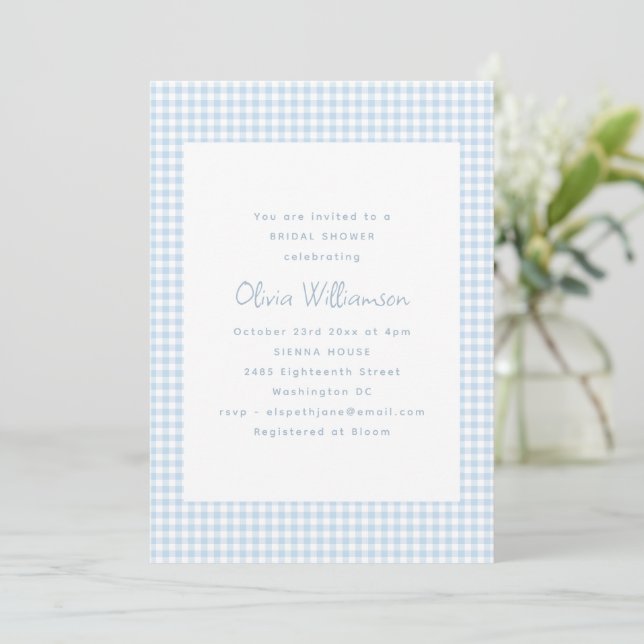 Cute Retro Preppy Light Blue Gingham Bridal Shower Invitation (Standing Front)