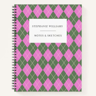 Cute Retro Preppy Pink Green Argyle Personalised Notebook