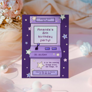 Cute Retro Purple Arcade Game Kids Birthday Invitation