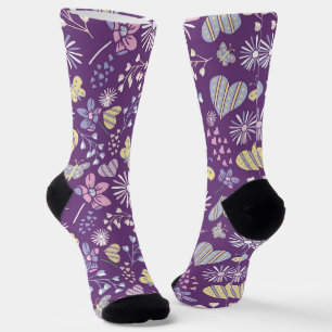Cute Retro Purple Floral Hearts & Butterflies Socks