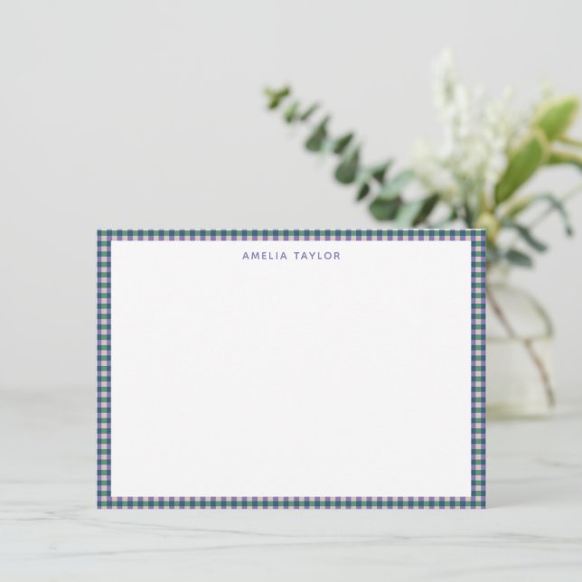 Cute Retro Purple Green Gingham Plaid Personalised Card (Standing Front)