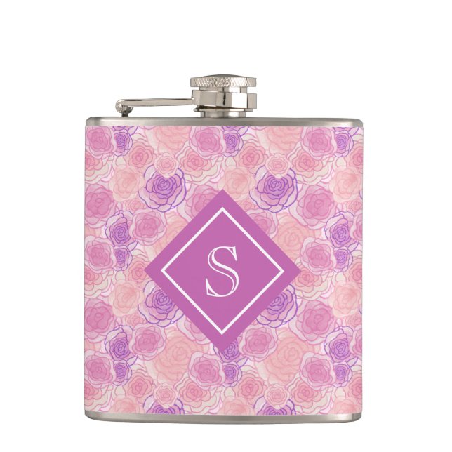 Cute Retro Purple Rose Floral Monogram Hip Flask (Front)