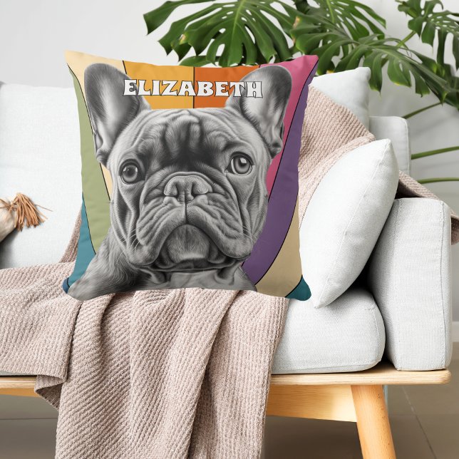 Cute Retro Rainbow French Bulldog Personalised  Cushion (Creator Uploaded)