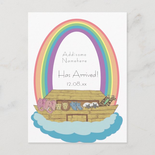 Cute Retro Rainbow Noah Ark Baby birth Announcer P Postcard (Front)