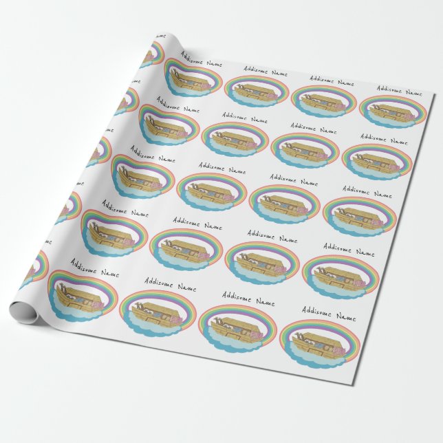 Cute Retro Rainbow Noah's Ark  Add Name Wrapping Paper (Unrolled)