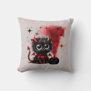 Cute Retro Red-Black Wide-Eyed Kitten Halloween Cushion