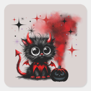 Cute Retro Red-Black Wide-Eyed Kitten Halloween Square Sticker